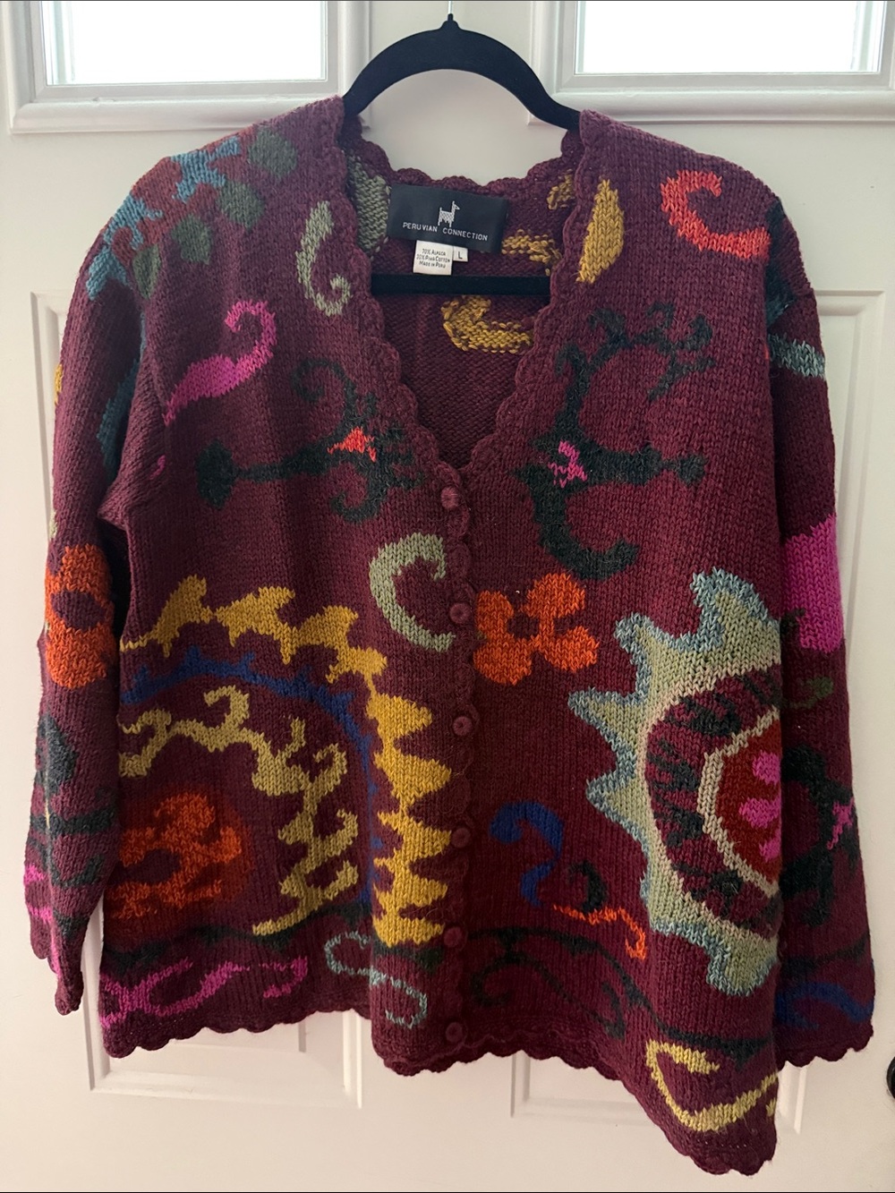 Peruvian Connection Burgundy Multicolor alpaca Pima cotton knit cardigan